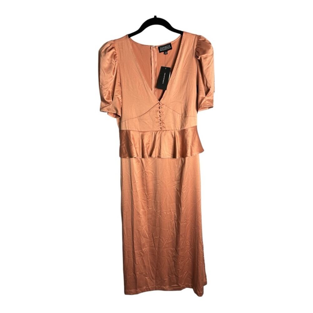 Danielle Bernstein Pink Short Puff Sleeve Midi Dress Peplum Design 4